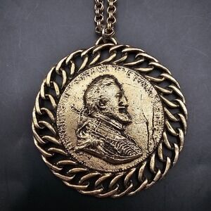 Vintage Henry IIII Bust France Medallion Necklace Pendent Double Chain 17"